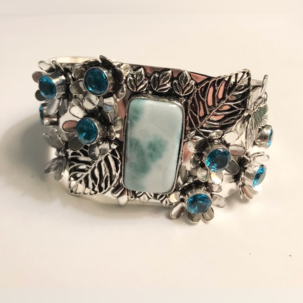 Larimar Blue Topaz Stampd 925 Sterling Silver Cuff Bracelet